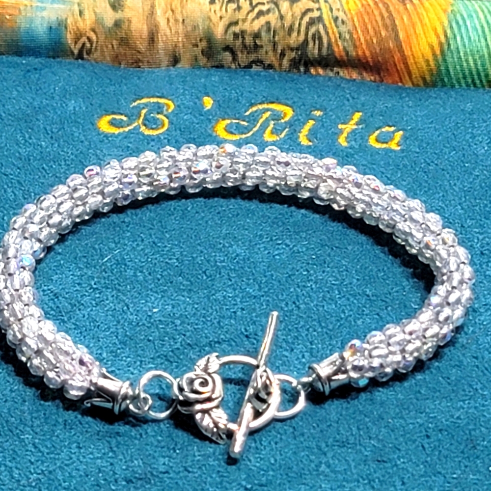 Kumihimo Woven Hand Beaded Silver Crystal Bracelet